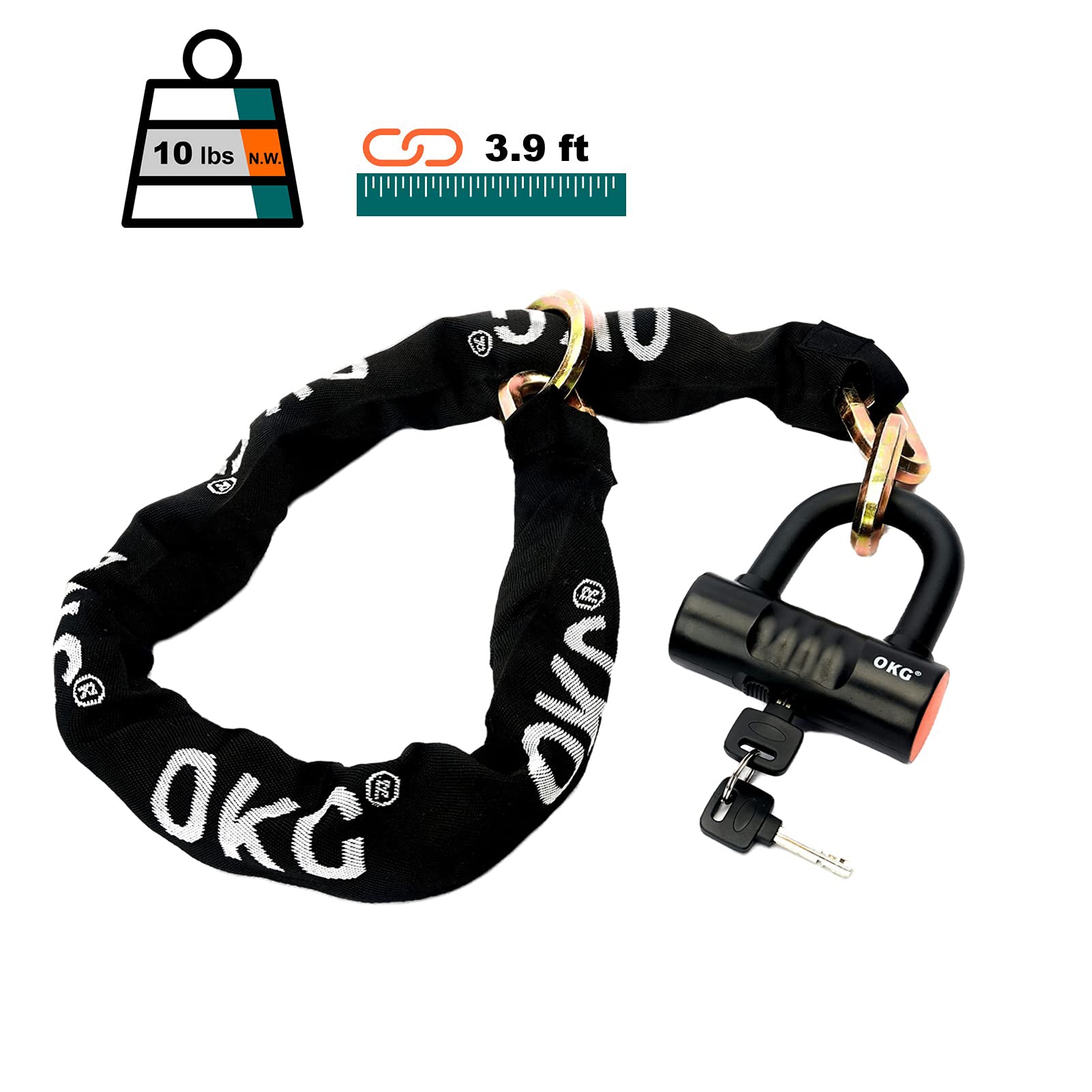 OKG Heavy Duty Chain Lock - 4 Keys, 11lbs, 3.9 ft x 1/2 in (12mm) Thick Noose Security Chain Combo 11/16" (18mm) Small U Lock for Motorcycles, Mopeds, E-Bikes, Trailers, ATVs, etc. - Image 2