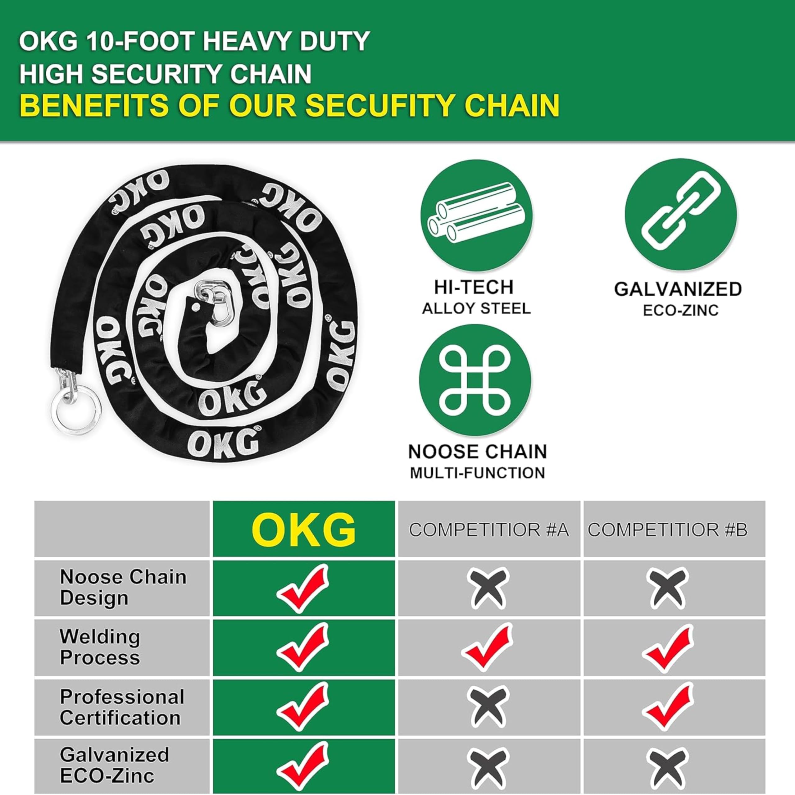 OKG Extra Long Security Chain - 10-Foot x 3/8" Thick Heavy Duty Chain, Eco-Zinc Plated - Uncuttable Chain for Outdoor & Indoor Use -Bike & Motorcycle Lock Chain - for Two or More 2 Wheeled Vehicles - Image 4