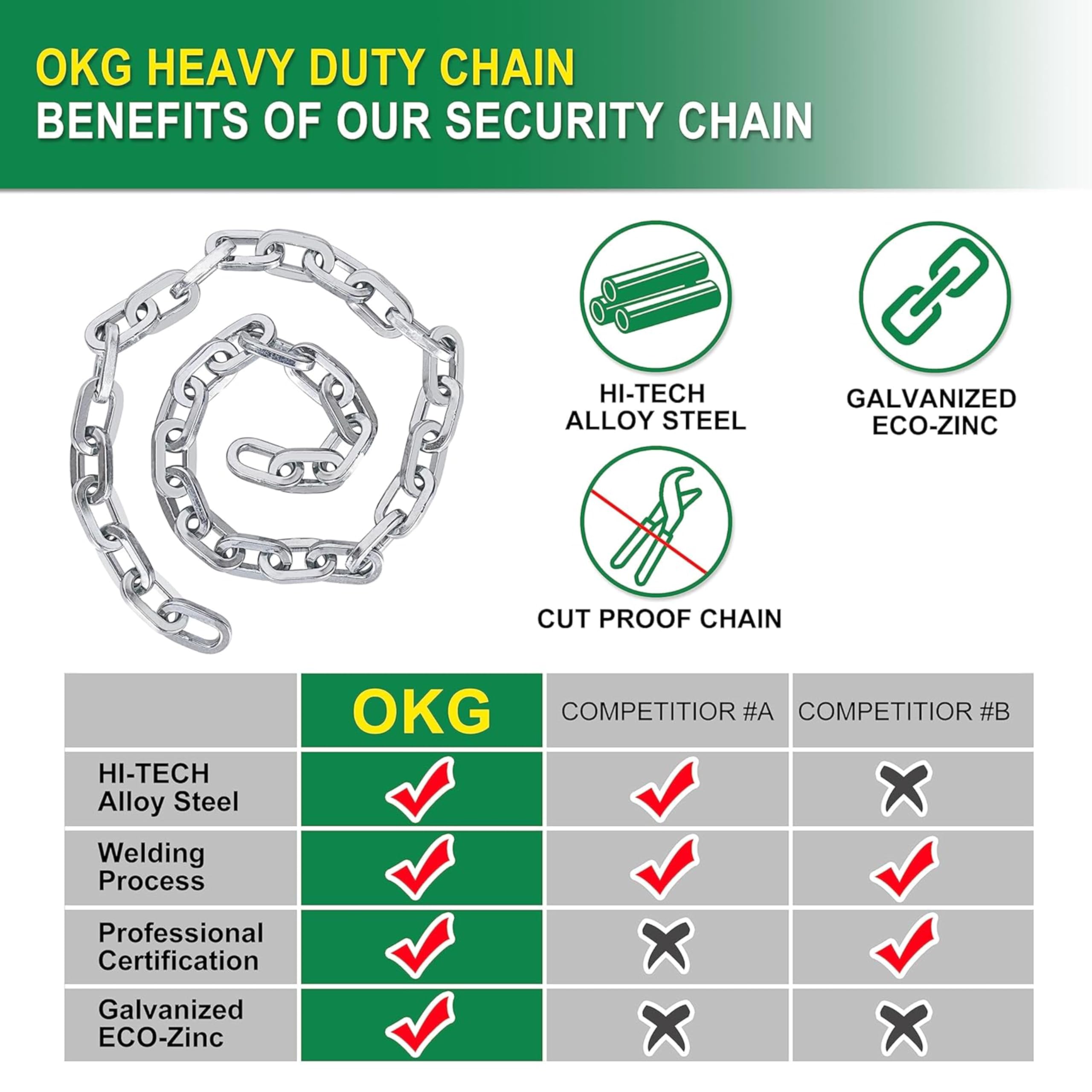 OKG Heavy Duty Security Chain, 3.9ft x 5/16" Thick Outdoor Gate Chain, Cut Proof Chain Made of Hardened Alloy Steel Chain, Ideal for Fence Gates, Bicycles, Moped, Trailers, Generator, etc - Image 6