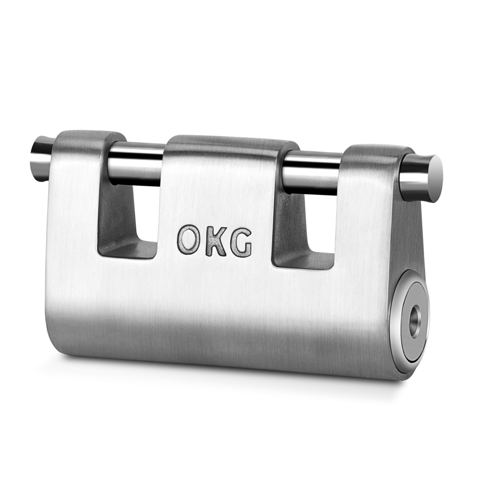 OKG Ultra Secure Stainless Steel Lock - 3 Keys, 2 Rods, Heavy Duty Solid Cast Padlock - 7/16" Shackle, Push Cylinder, Rust Proof Outdoor Lock - Combo Security Chain for 2-Wheeled Vehicle (No Chain)