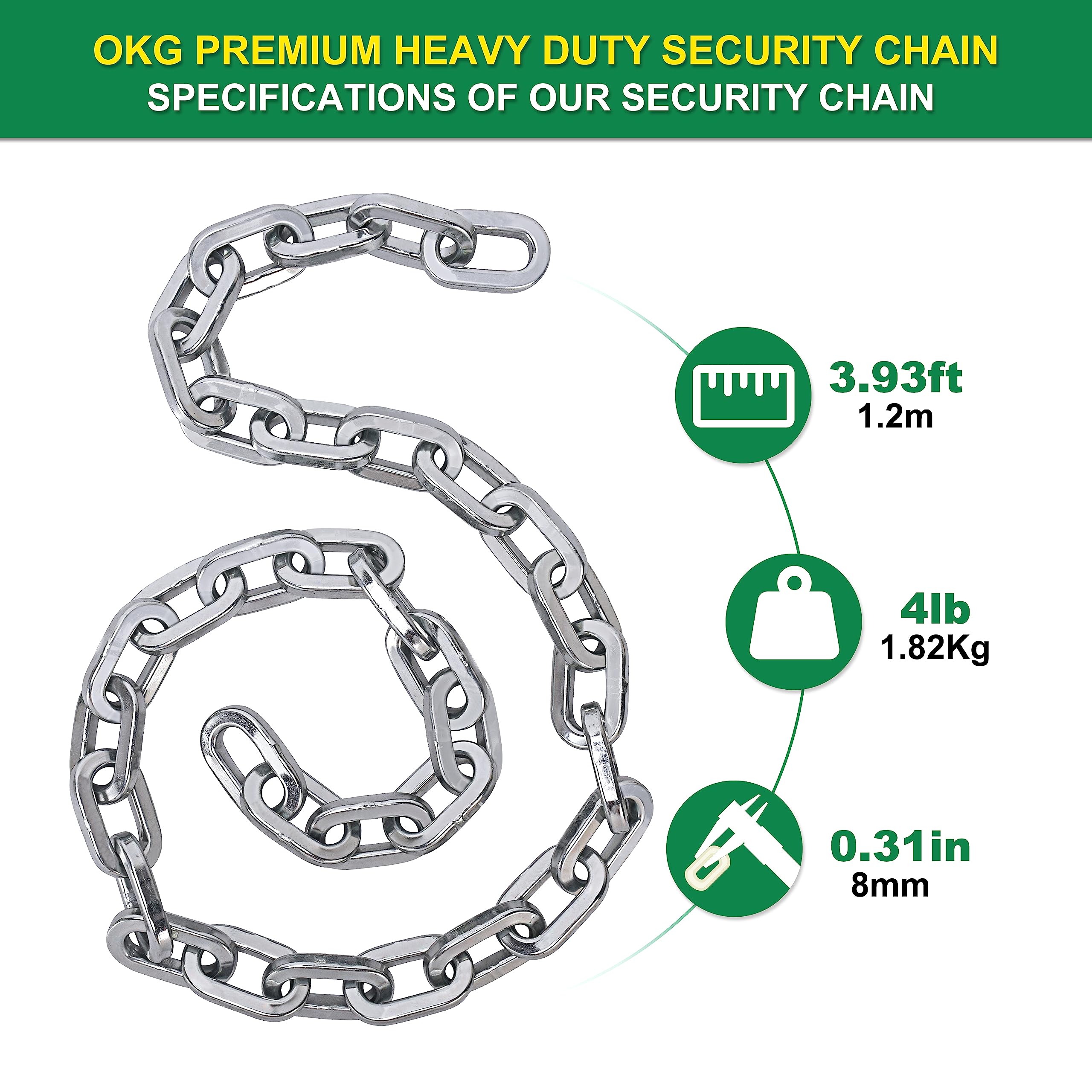 OKG Heavy Duty Security Chain, 3.9ft x 5/16" Thick Outdoor Gate Chain, Cut Proof Chain Made of Hardened Alloy Steel Chain, Ideal for Fence Gates, Bicycles, Moped, Trailers, Generator, etc - Image 2