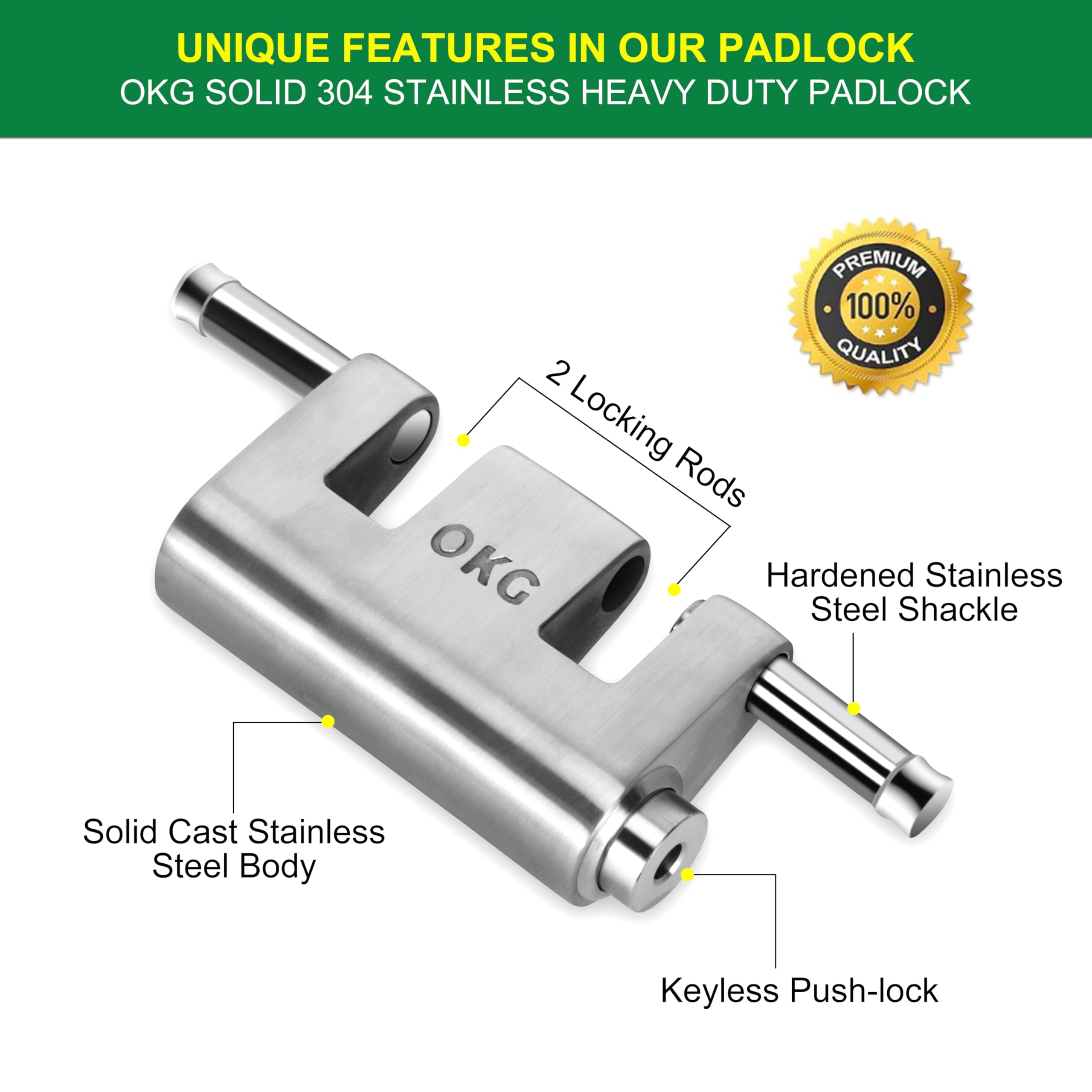 OKG Ultra Secure Stainless Steel Lock - 3 Keys, 2 Rods, Heavy Duty Solid Cast Padlock - 7/16" Shackle, Push Cylinder, Rust Proof Outdoor Lock - Combo Security Chain for 2-Wheeled Vehicle (No Chain) - Image 2