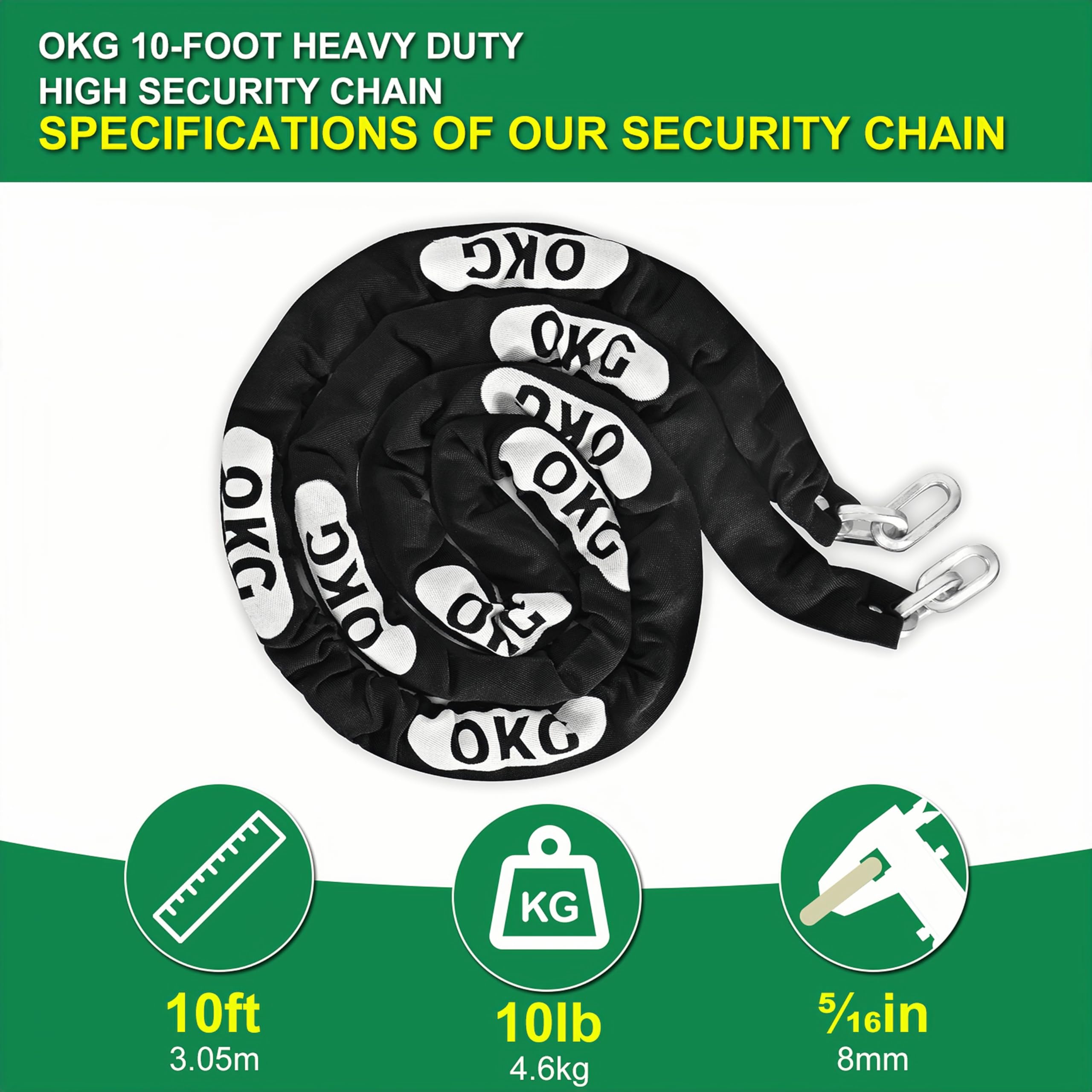 OKG Heavy Duty Security Chain - 10 Foot x 5/16” Thick Square Security Chain - Hardened Steel Anti Theft Chain for Bikes, Motorcycles, 2 Wheeled Vehicles, Industrial Property - Image 2