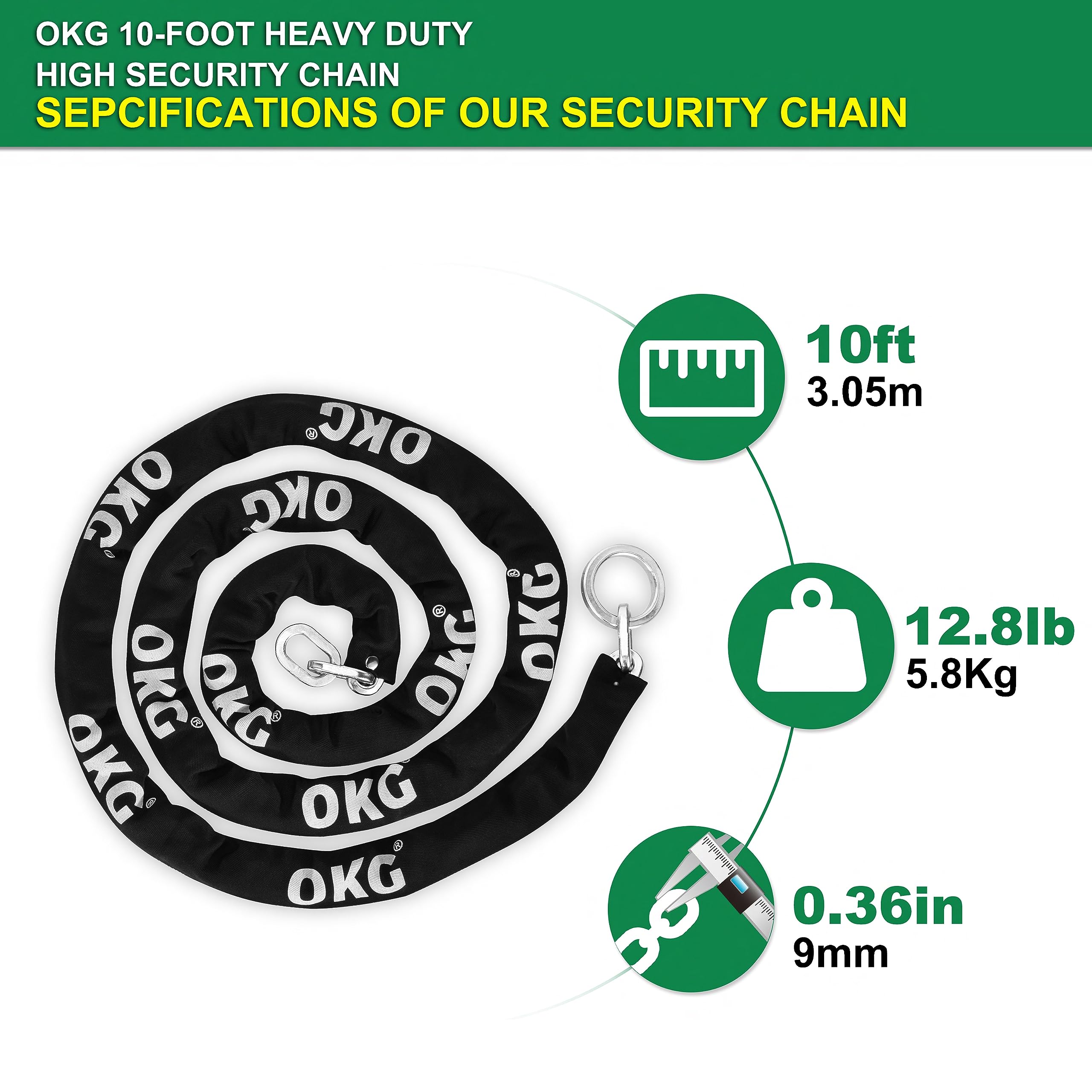 OKG Extra Long Security Chain - 10-Foot x 3/8" Thick Heavy Duty Chain, Eco-Zinc Plated - Uncuttable Chain for Outdoor & Indoor Use -Bike & Motorcycle Lock Chain - for Two or More 2 Wheeled Vehicles - Image 2