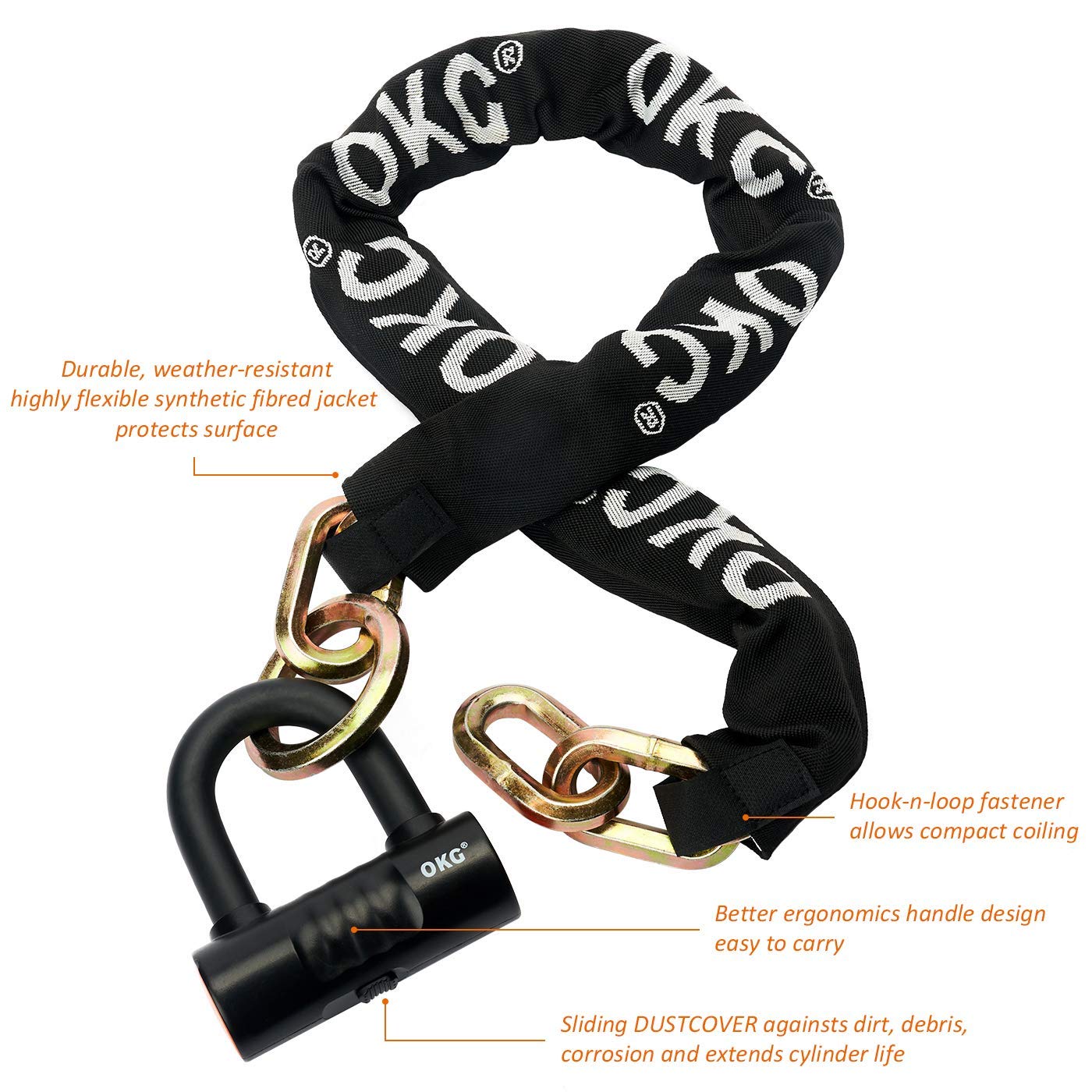 OKG Heavy Duty Motorcycle Chain Lock, 4 Keys, 3.3 ft x 1/2 in (12mm) Thick Hexagonal Noose Security Chain with 18mm Cut Proof Hardened Alloy Steel U Lock for Motorcycles, Bikes, Mopeds, ATVs, and More - Image 3