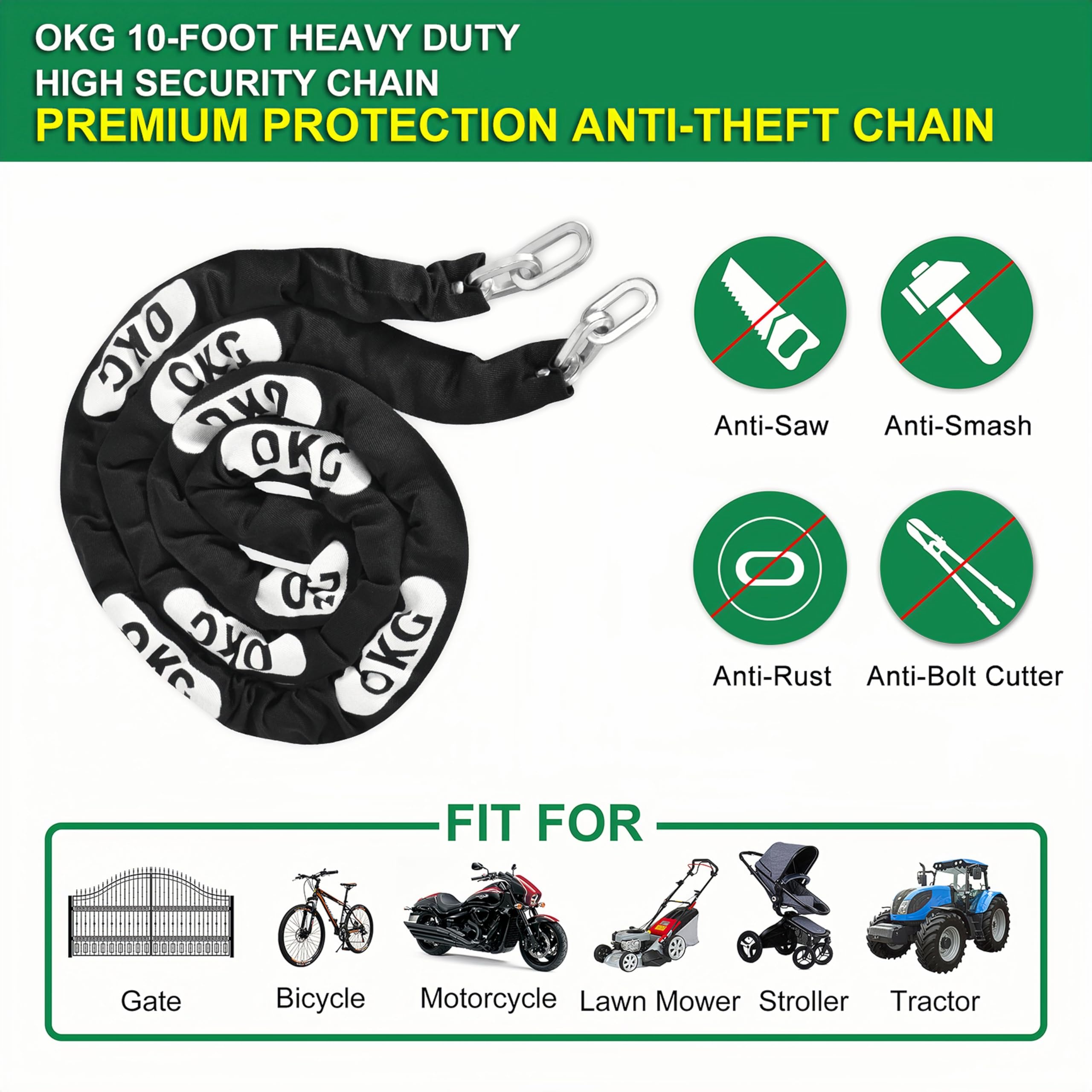 OKG Heavy Duty Security Chain - 10 Foot x 5/16” Thick Square Security Chain - Hardened Steel Anti Theft Chain for Bikes, Motorcycles, 2 Wheeled Vehicles, Industrial Property - Image 3