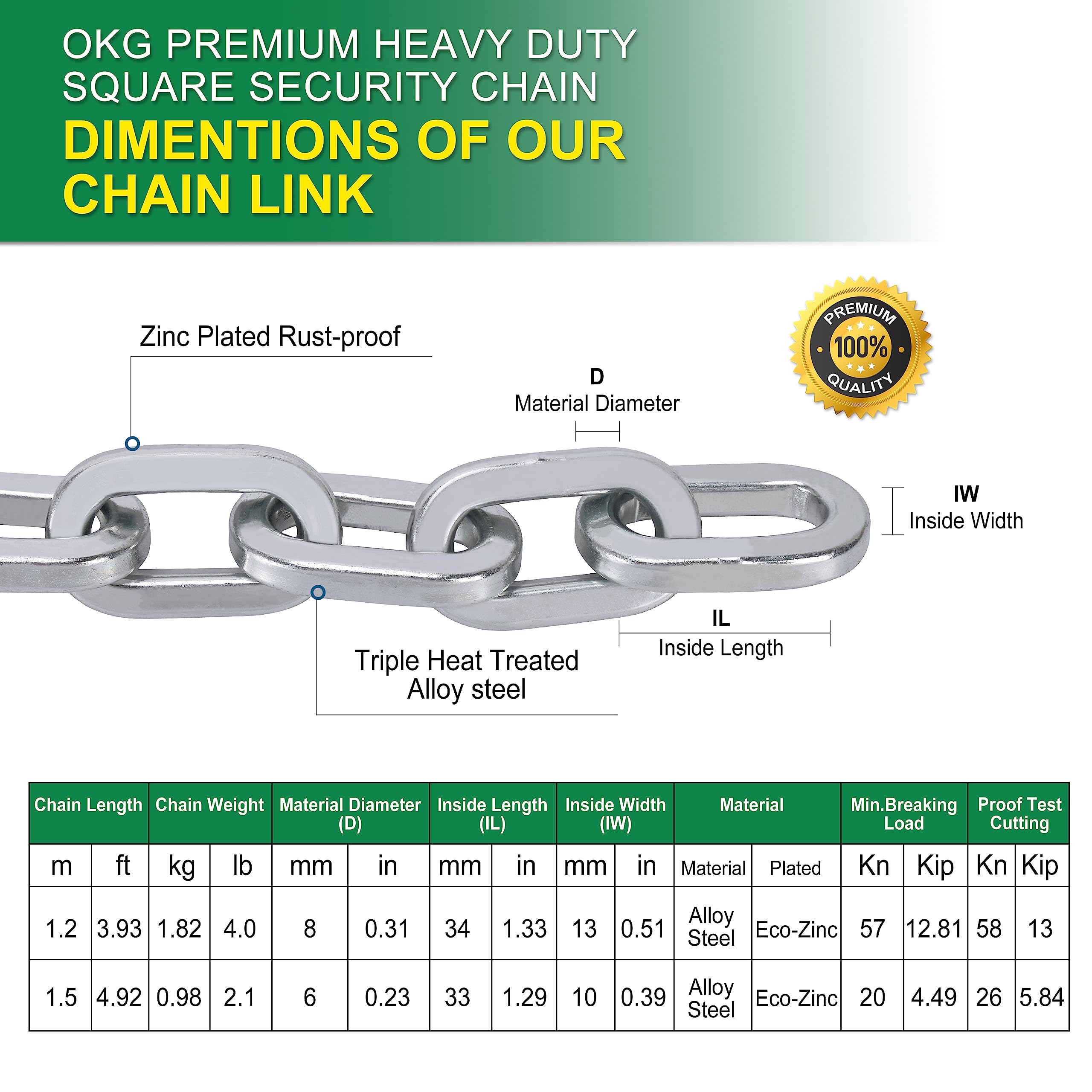 OKG Heavy Duty Security Chain, 3.9ft x 5/16" Thick Outdoor Gate Chain, Cut Proof Chain Made of Hardened Alloy Steel Chain, Ideal for Fence Gates, Bicycles, Moped, Trailers, Generator, etc - Image 3