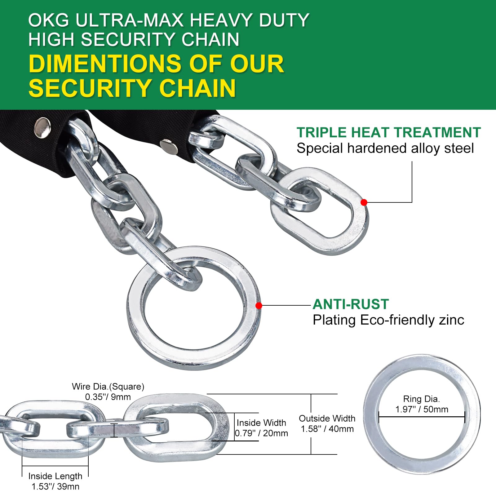 OKG Extra Long Security Chain - 10-Foot x 3/8" Thick Heavy Duty Chain, Eco-Zinc Plated - Uncuttable Chain for Outdoor & Indoor Use -Bike & Motorcycle Lock Chain - for Two or More 2 Wheeled Vehicles - Image 3