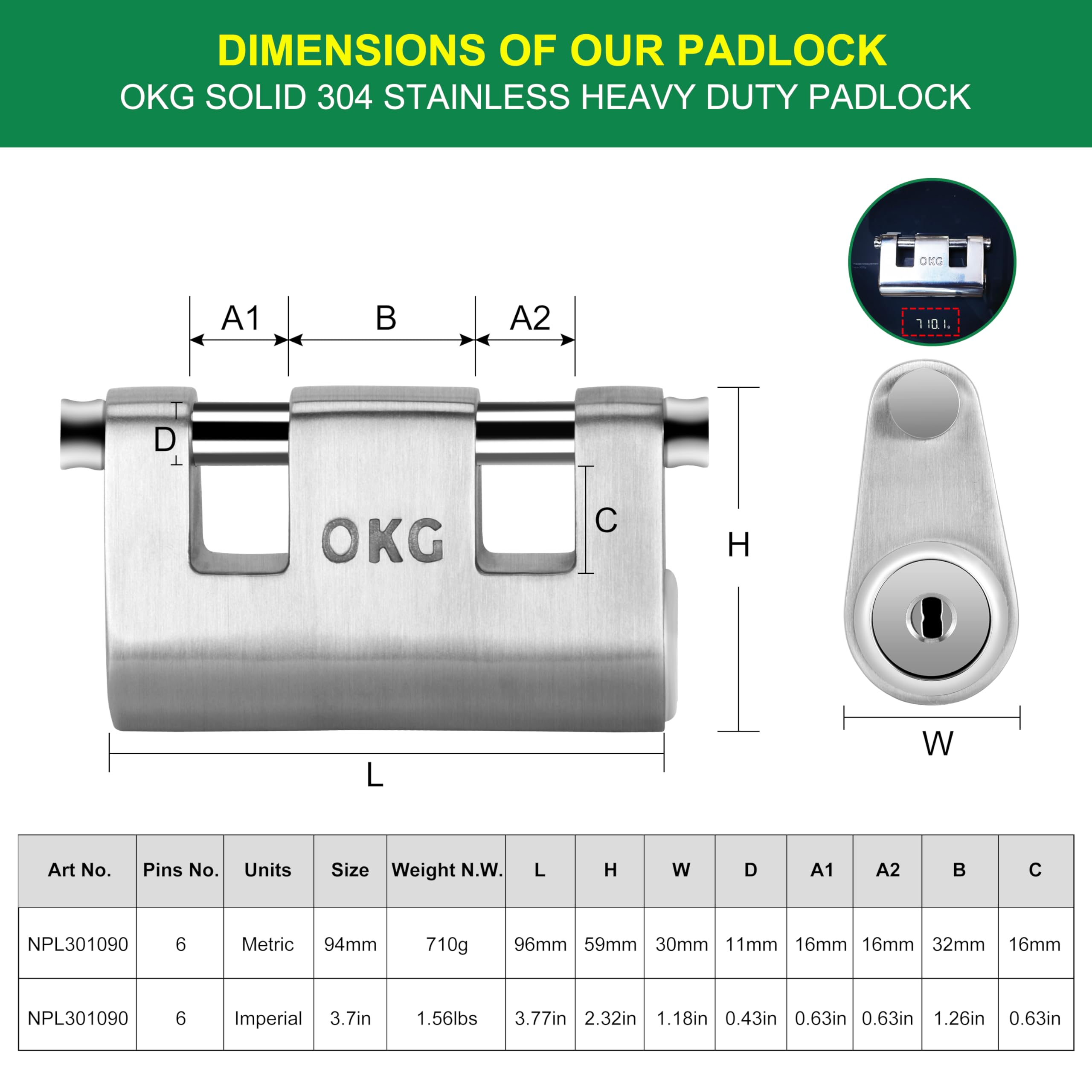OKG Ultra Secure Stainless Steel Lock - 3 Keys, 2 Rods, Heavy Duty Solid Cast Padlock - 7/16" Shackle, Push Cylinder, Rust Proof Outdoor Lock - Combo Security Chain for 2-Wheeled Vehicle (No Chain) - Image 3