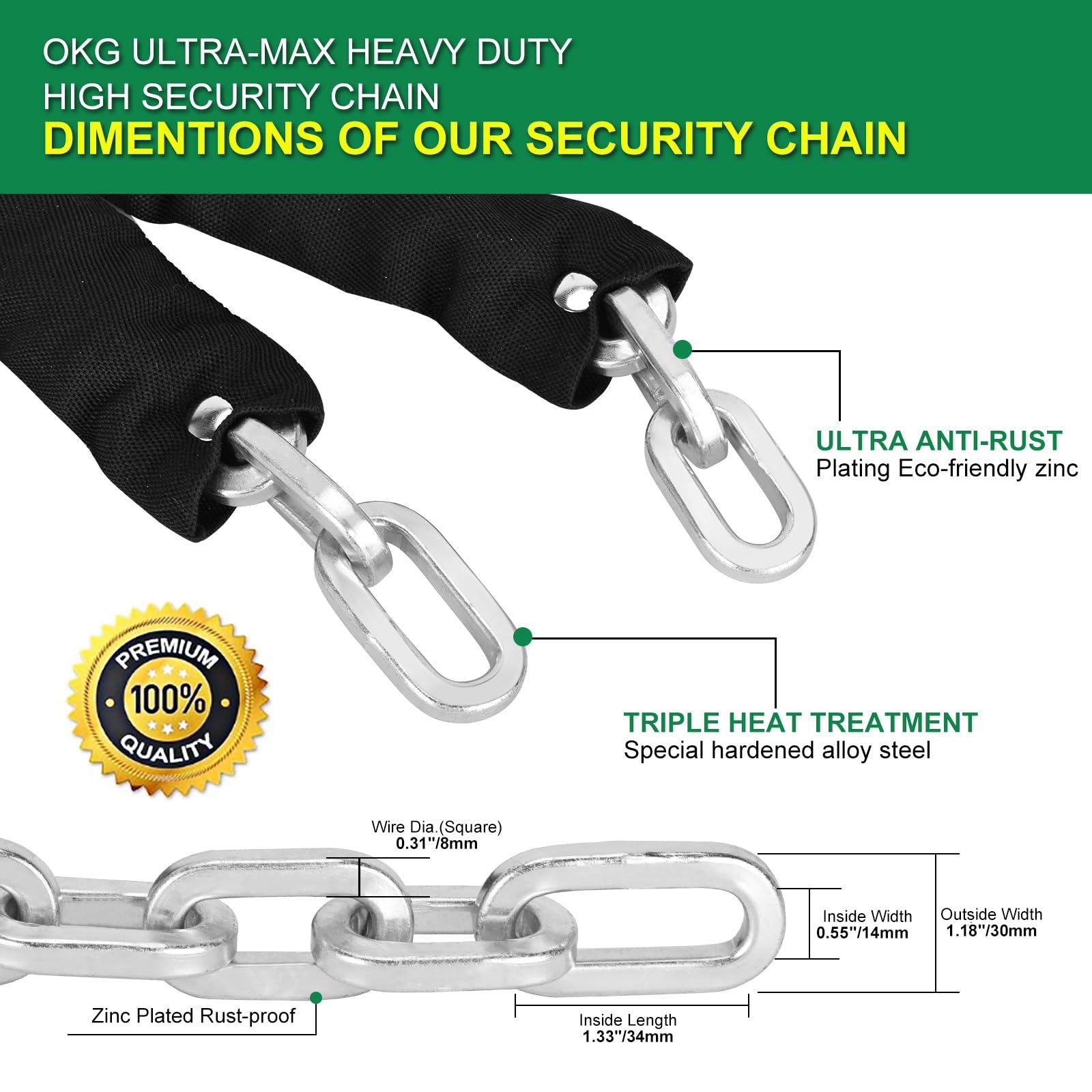 OKG Heavy Duty Security Chain - 10 Foot x 5/16” Thick Square Security Chain - Hardened Steel Anti Theft Chain for Bikes, Motorcycles, 2 Wheeled Vehicles, Industrial Property - Image 4