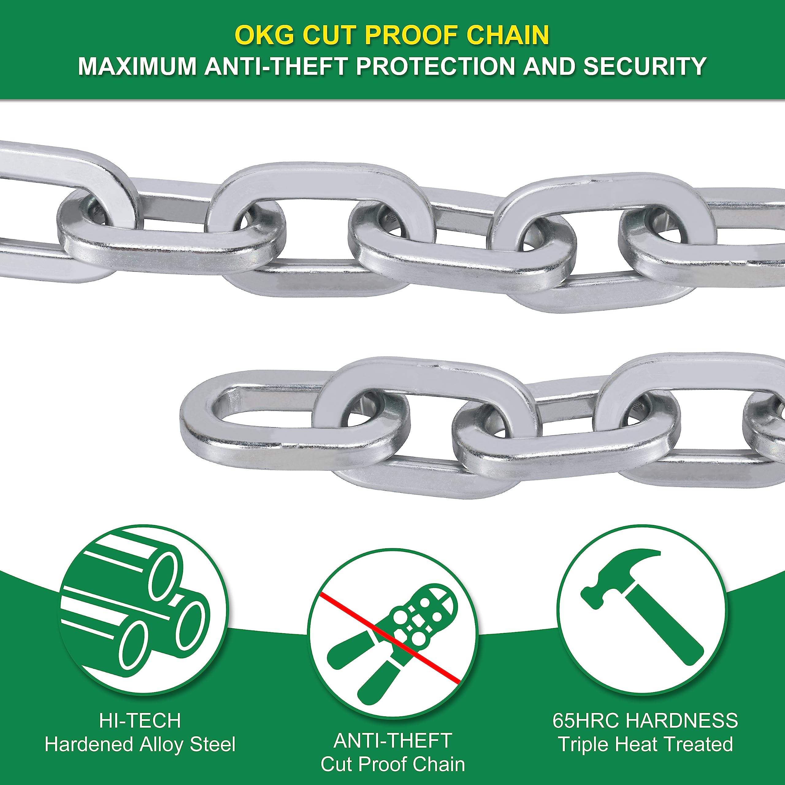 OKG Heavy Duty Security Chain, 3.9ft x 5/16" Thick Outdoor Gate Chain, Cut Proof Chain Made of Hardened Alloy Steel Chain, Ideal for Fence Gates, Bicycles, Moped, Trailers, Generator, etc - Image 4