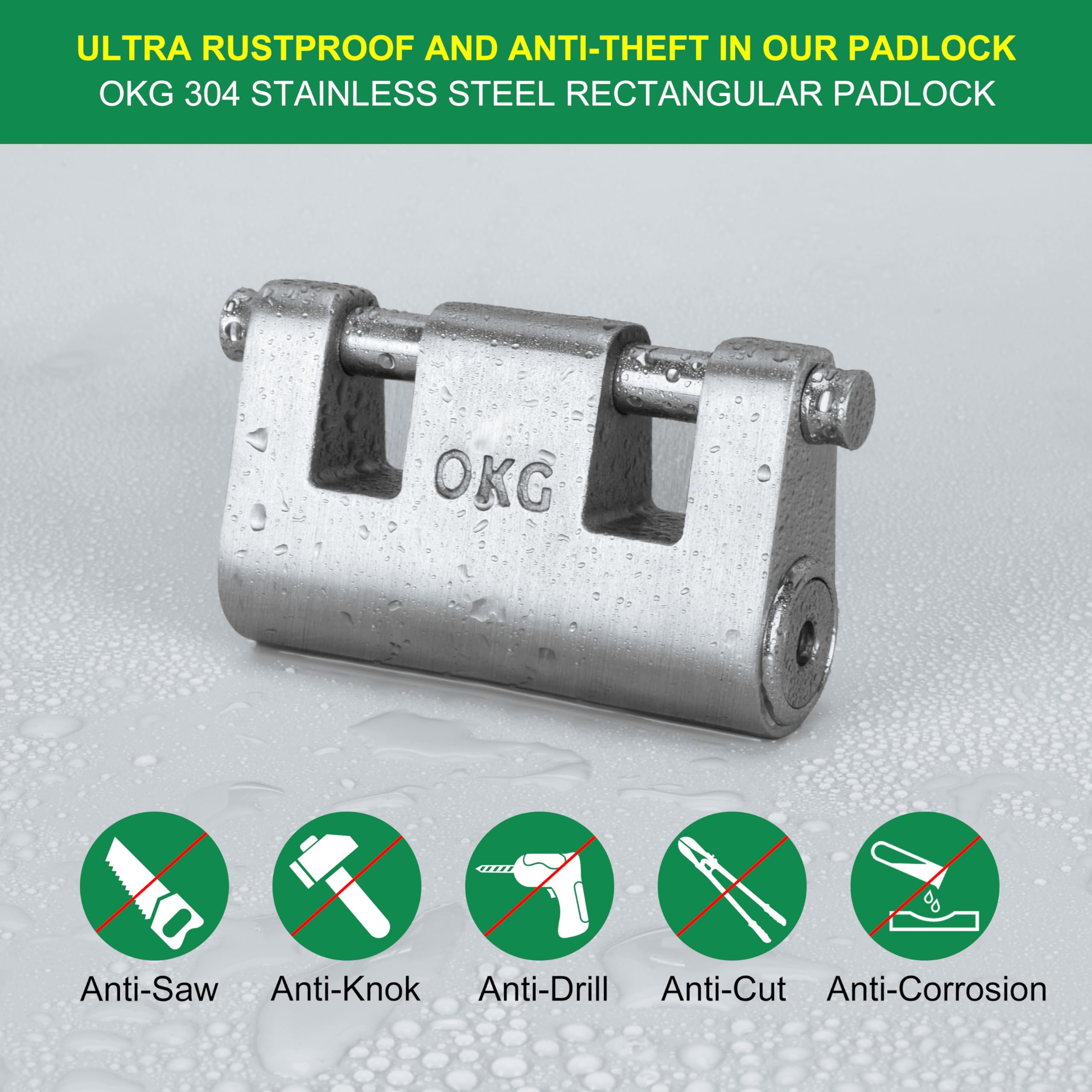 OKG Ultra Secure Stainless Steel Lock - 3 Keys, 2 Rods, Heavy Duty Solid Cast Padlock - 7/16" Shackle, Push Cylinder, Rust Proof Outdoor Lock - Combo Security Chain for 2-Wheeled Vehicle (No Chain) - Image 4