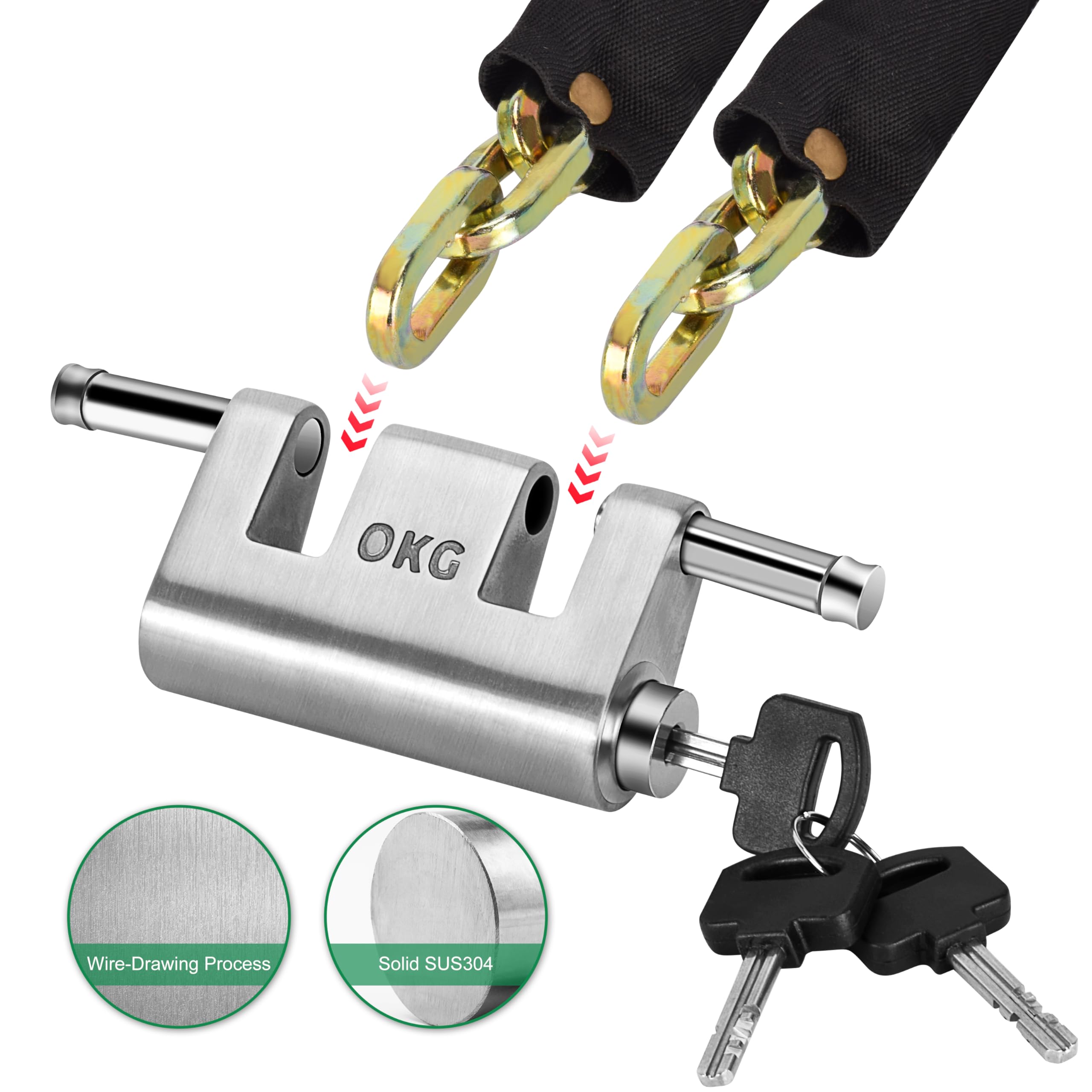 OKG Ultra Secure Stainless Steel Lock - 3 Keys, 2 Rods, Heavy Duty Solid Cast Padlock - 7/16" Shackle, Push Cylinder, Rust Proof Outdoor Lock - Combo Security Chain for 2-Wheeled Vehicle (No Chain) - Image 5
