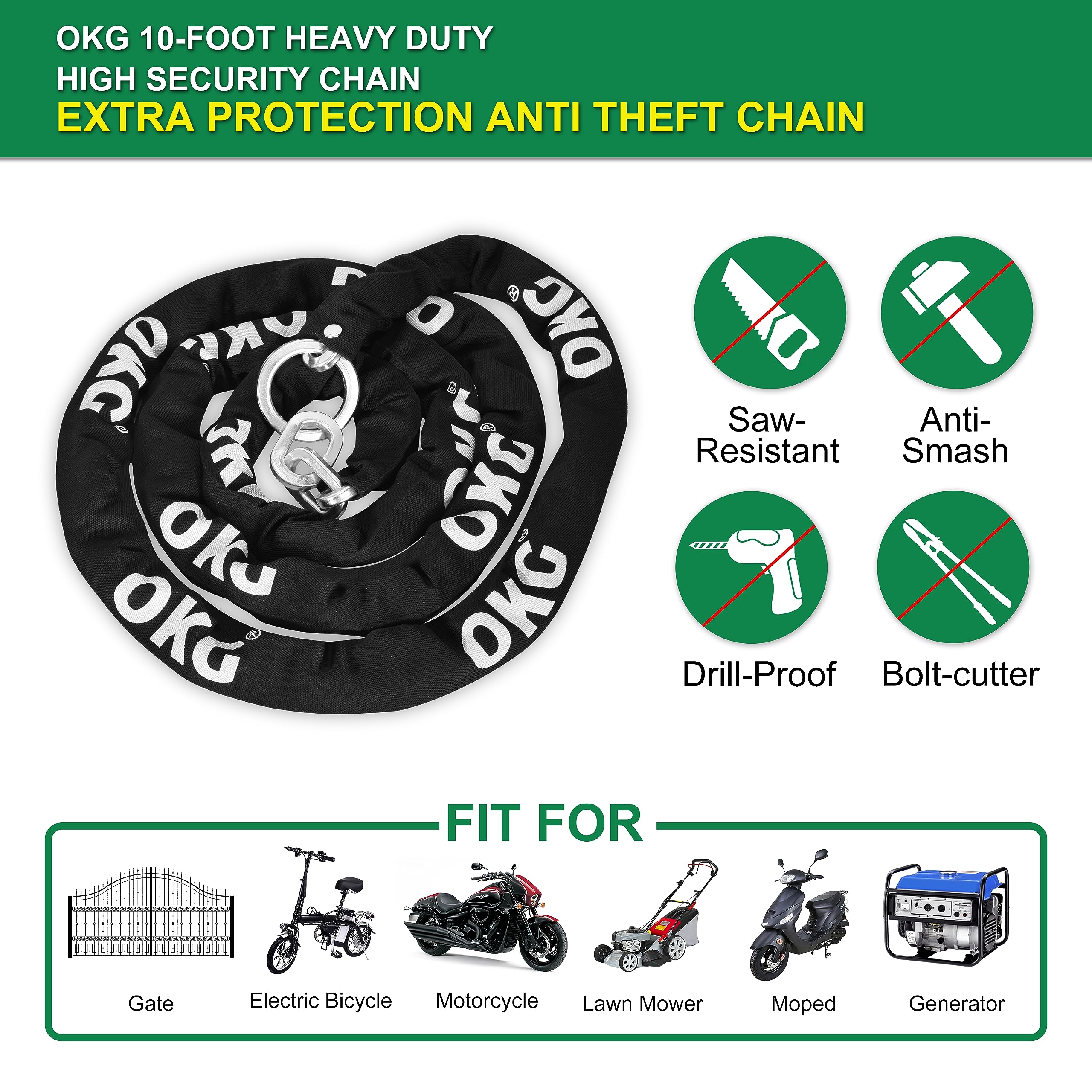 OKG Extra Long Security Chain - 10-Foot x 3/8" Thick Heavy Duty Chain, Eco-Zinc Plated - Uncuttable Chain for Outdoor & Indoor Use -Bike & Motorcycle Lock Chain - for Two or More 2 Wheeled Vehicles - Image 5