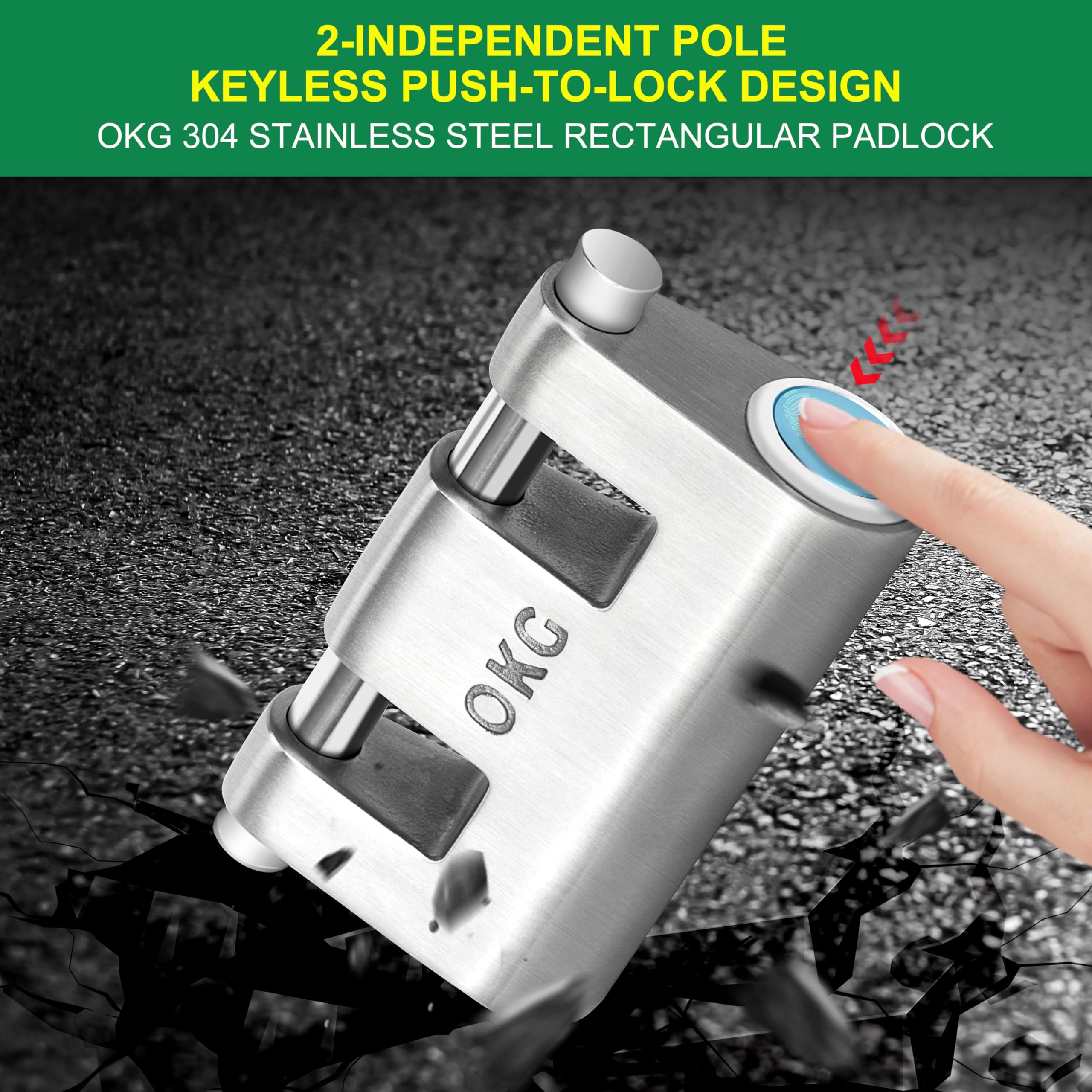 OKG Ultra Secure Stainless Steel Lock - 3 Keys, 2 Rods, Heavy Duty Solid Cast Padlock - 7/16" Shackle, Push Cylinder, Rust Proof Outdoor Lock - Combo Security Chain for 2-Wheeled Vehicle (No Chain) - Image 6