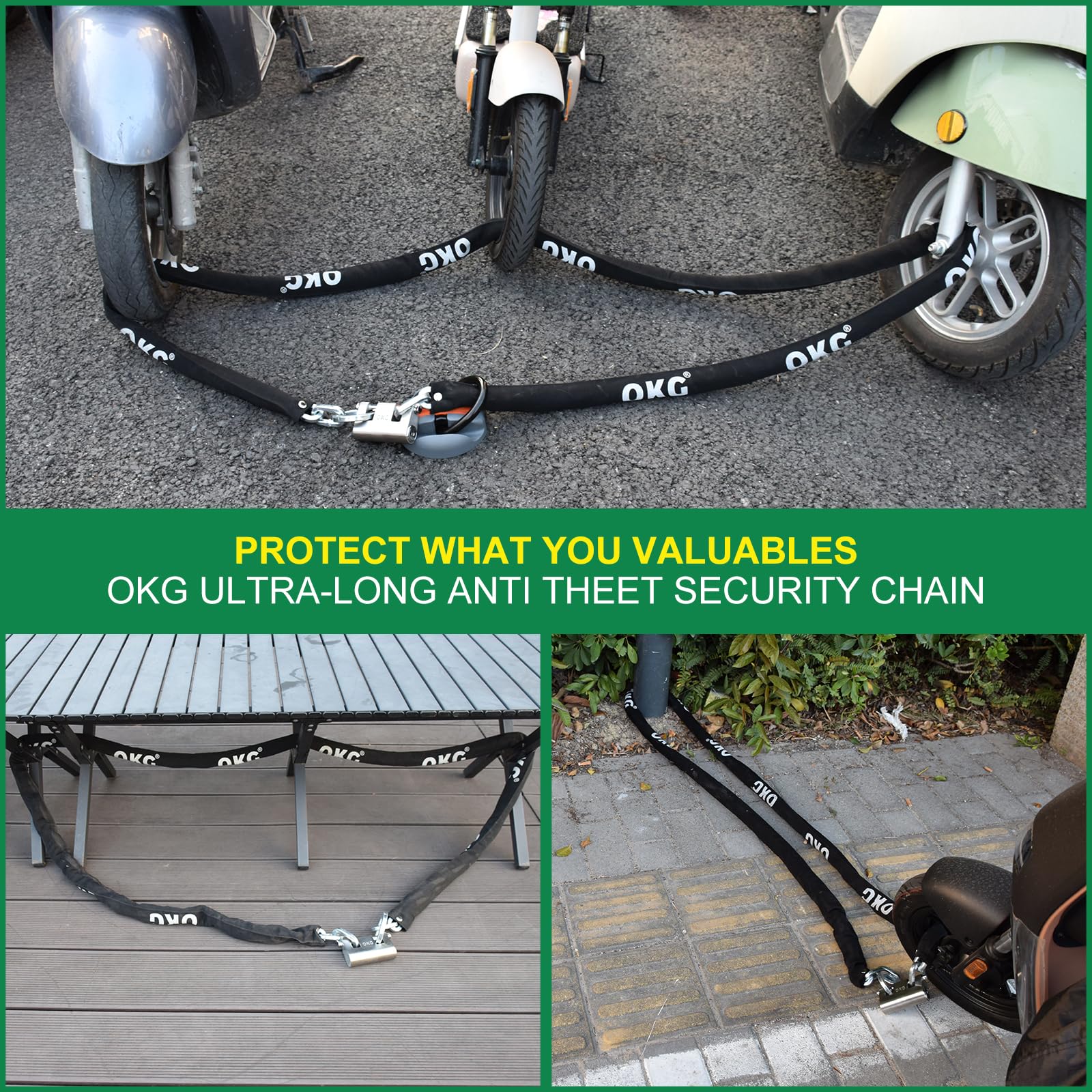 OKG Extra Long Security Chain - 10-Foot x 3/8" Thick Heavy Duty Chain, Eco-Zinc Plated - Uncuttable Chain for Outdoor & Indoor Use -Bike & Motorcycle Lock Chain - for Two or More 2 Wheeled Vehicles - Image 6