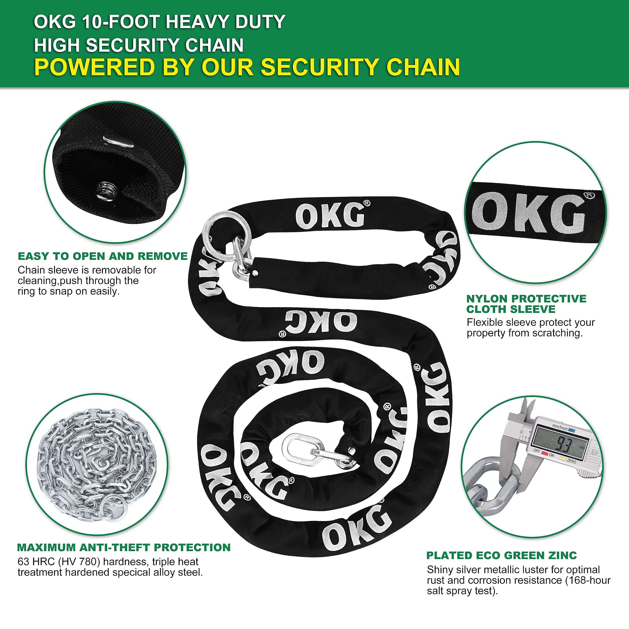 OKG Extra Long Security Chain - 10-Foot x 3/8" Thick Heavy Duty Chain, Eco-Zinc Plated - Uncuttable Chain for Outdoor & Indoor Use -Bike & Motorcycle Lock Chain - for Two or More 2 Wheeled Vehicles - Image 7