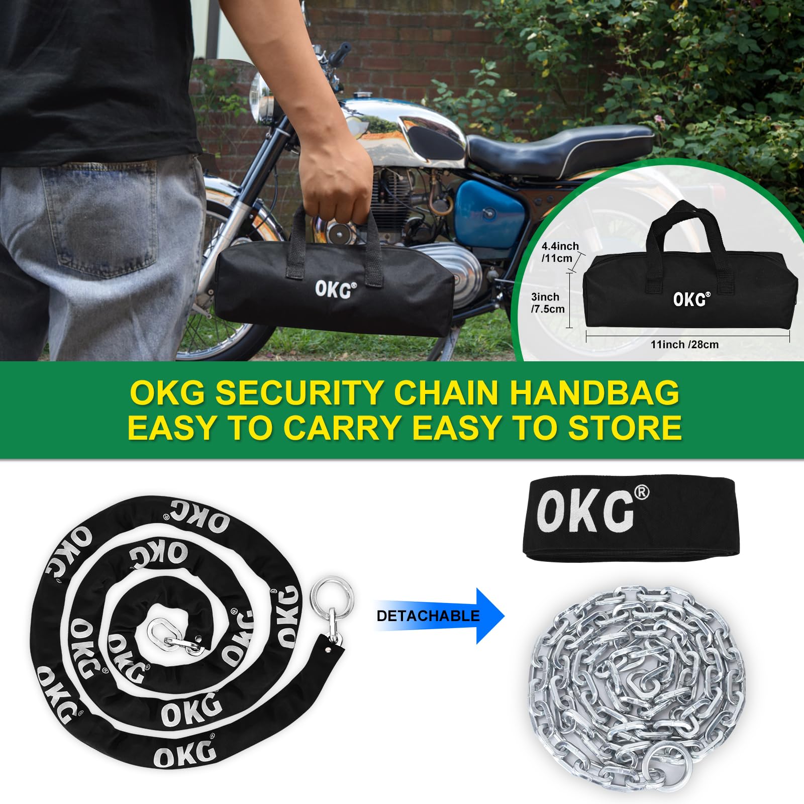 OKG Extra Long Security Chain - 10-Foot x 3/8" Thick Heavy Duty Chain, Eco-Zinc Plated - Uncuttable Chain for Outdoor & Indoor Use -Bike & Motorcycle Lock Chain - for Two or More 2 Wheeled Vehicles - Image 8